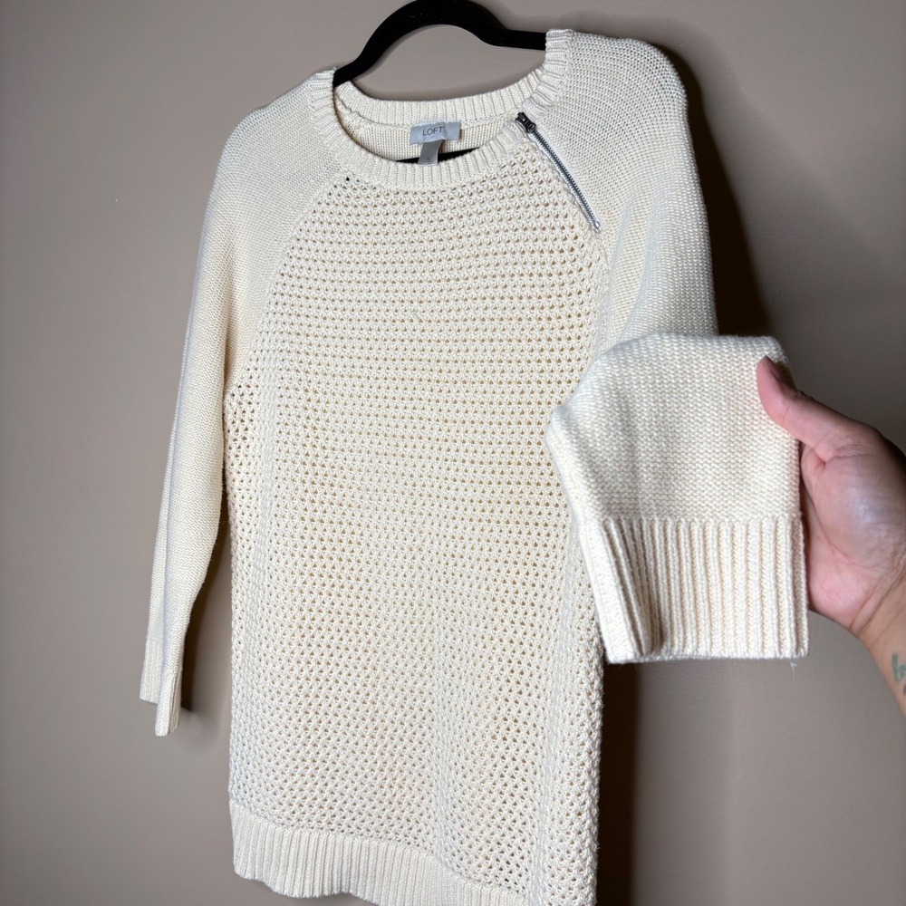 LOFT Womens XL Sweater Cream Cotton Zipper Neck Raglan Tunic Pullover